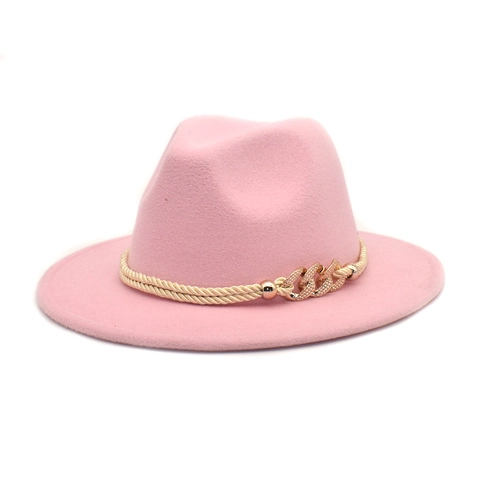 Vintage Fedora Hat Wool Felt Wide Brim Golden Chain Decoration Braided Rope Jazz Cap For Women Men Travel Warmth