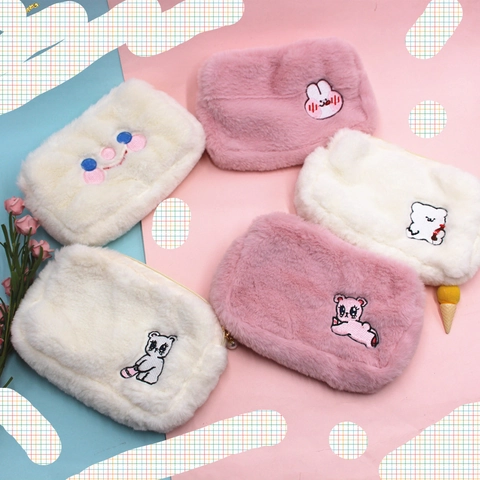 Cute Plush Cosmetic Bag Cartoon Animal Embroidery Soft Faux Fur Makeup Pouch With Artificial Pearl Zipper Pull For Travel Storage