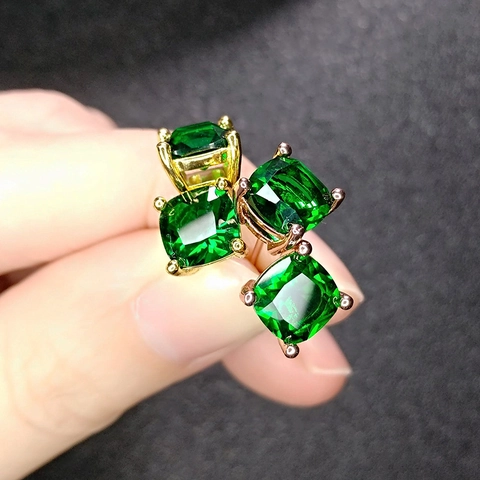 Cushion Cut Green Crystal Stud Earrings With Earring Post Copper Four-Prong Square Gemstone Elegant