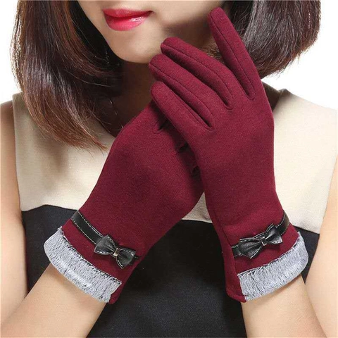 Women Winter Warm Gloves Touchscreen Compatible Bowknot Decoration Faux Fur Cuff Polyester Soft Full Finger Mittens