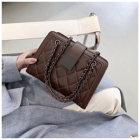 Sac À Épaule En Cuir PU Matelassé Pour Femmes Vintage Mode Bandoulière Chaîne Rabat Boucle Carrée