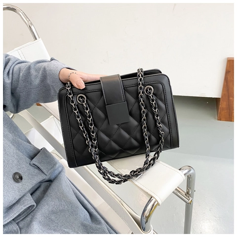 Sac À Épaule En Cuir PU Matelassé Pour Femmes Vintage Mode Bandoulière Chaîne Rabat Boucle Carrée