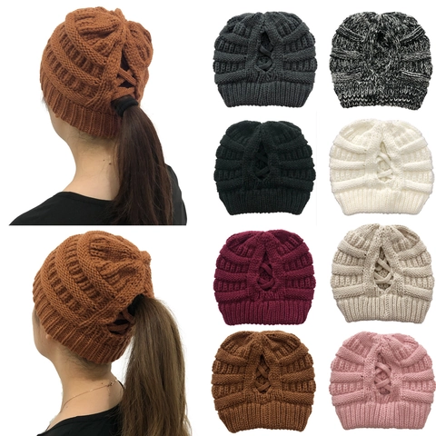 Women Ponytail Beanie Hat Acrylic Cable Knit Winter Warm Beanie With Hole Cross Design Solid Color Fashion Outdoor Cap