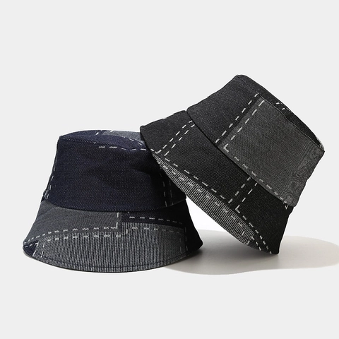 Patchwork Denim Fischerhut Baumwolle Kontrastnaht Vintage Retro Streetwear Sonnenschutz Unisex