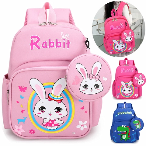 Kids School Backpack With Mini Round Coin Purse Nylon Waterproof Lightweight Breathable Cartoon Rabbit Dinosaur Design