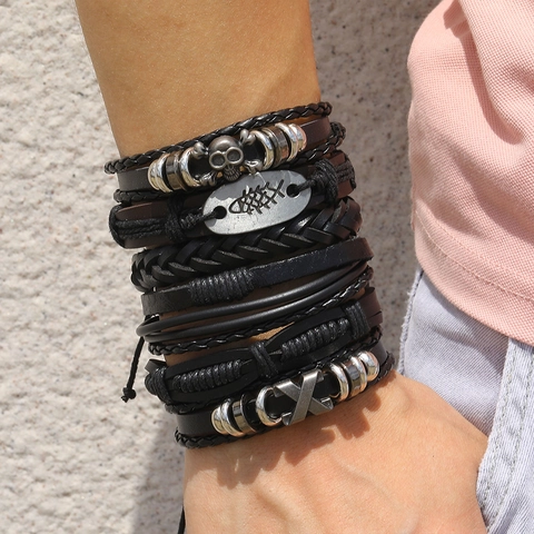 Men Multilayer Leather Braided Bracelet Collection With Alloy Skull Star Cross Charms Adjustable Retro Punk Gothic Jewelry