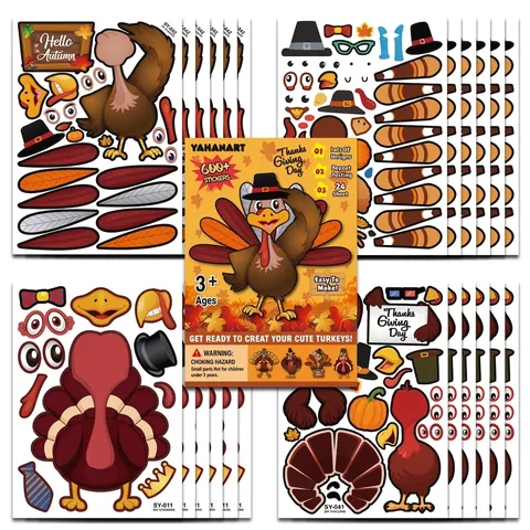 Thanksgiving Turkey Stickers DIY Make A Turkey Face Decor Adhesive Cartoon Craft For Kids Seasonal Activity