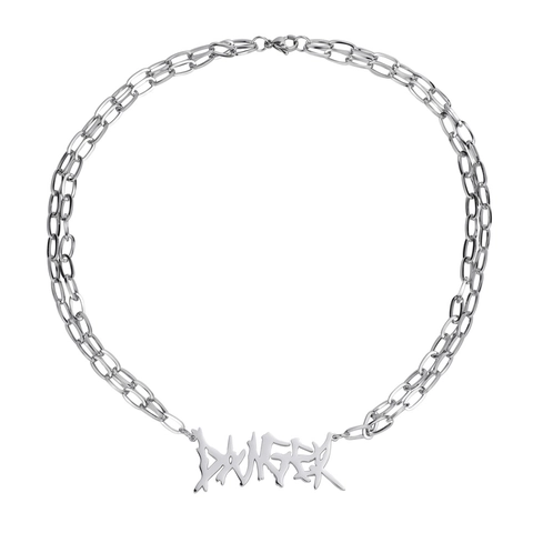 Hip Hop Titaniumstaal Halsketting Gotisch Doornen Danger Letter Hanger Dubbellaagse Ketting Sieraden Voor Dames Heren Zilver