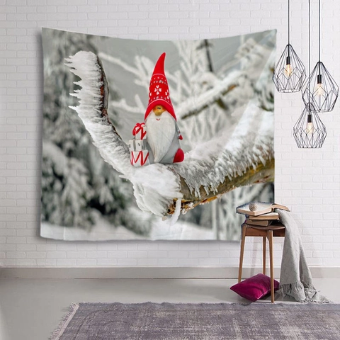 Weihnachts Wandteppich Polyester Digitaldruck Winter Wald Weihnachtsmann Gnome Haus Schlafzimmer Wohnzimmer Dekoration