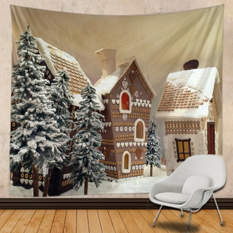 Tapiz De Navidad Poliéster Nieve De Invierno Casa De Jengibre Colgante De Pared Dormitorio Decoración Festiva