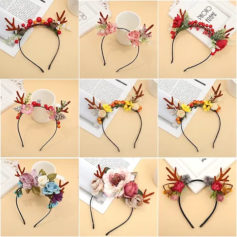 Cerchietto Con Corna Di Renna Di Natale Con Fiori Artificiali Pigne Bacche Per Festa Stile Foresta