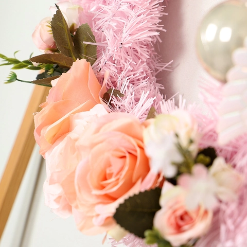 Romantischer Rosa Rosenkranz Künstliche Blumen Satin Hängende Dekoration Mit Band Für Weihnachten Hochzeit Haustür Heimdekor