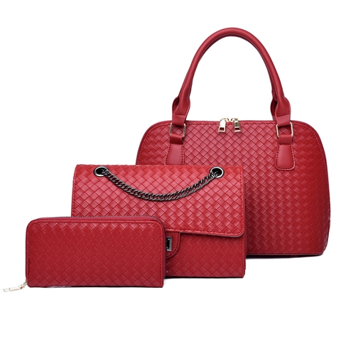 Woven PU Leather Women Handbag Chain Crossbody Shoulder Bag And Long Wallet Fashion Elegant Daily Use