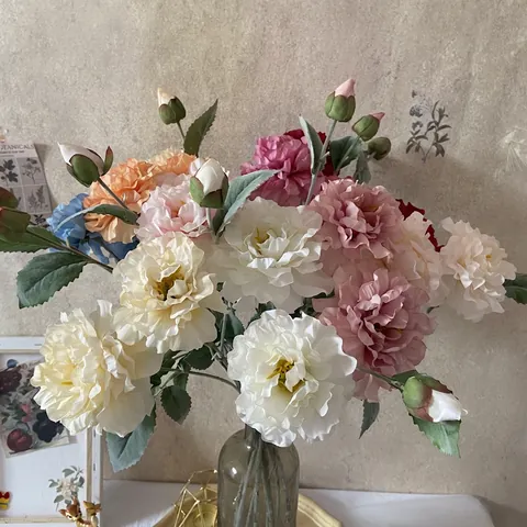 Artificial Peony Satin Flower Flocked Stem Realistic Floral Arrangement Home Wedding Decor Faux Peonies Branch