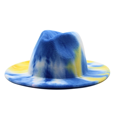 Tie Dye Colorful Fedora Hat Woolen Felt Wide Brim Flat Brim Jazz Cap Fashion Gradient Style Unisex Accessory