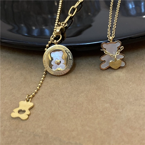 Sweet Bear Pendant Necklace Stainless Steel White Mother Of Artificial Pearl Shell Heart Charm Love Engraved Fashion Jewelry For Women