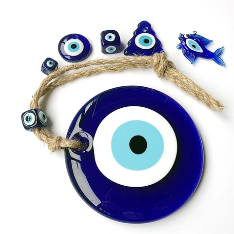 Turkish Evil Eye Glass Hanging Ornament Blue Nazar Wall Decor Handmade Round Amulet Protection For Home Office Jute Rope