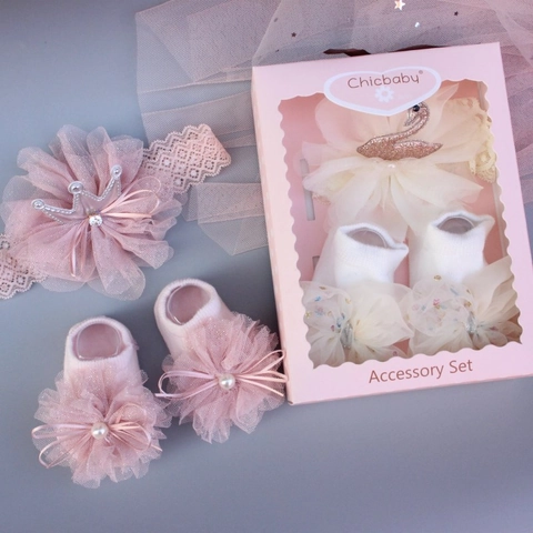 Baby Girl Headband And Socks Lace Mesh Crown Swan Decor Soft Cotton Breathable Floral For Newborn Infant Photography