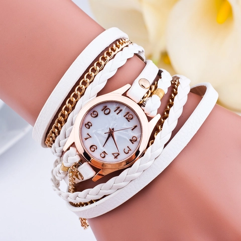 Montre Bracelet Enroulée Pour Femmes Style Bohème Multi Couches Similicuir Corde Tressée Chaîne Quartz Mode