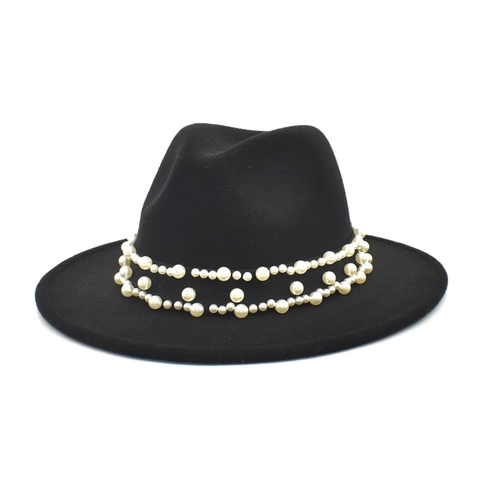 Women Woolen Fedora Hat With Artificial Pearl Band Wide Brim Felt Jazz Hat Elegant Vintage Winter Autumn Outdoor Travel