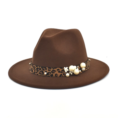 Wool Felt Fedora Hat With Leopard Ribbon Faux Artificial Pearl Flower Decoration Wide Brim Elegant Jazz Cap For Women Travel