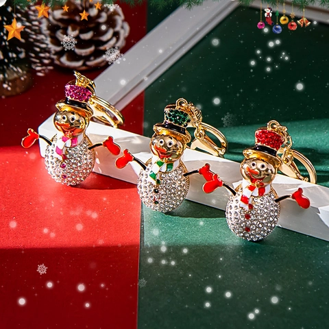 Porte-Clés Bonhomme de Neige de Noël Mignon Strass Alliage de Zinc Émail Plaqué Or Décoration de Sac Cadeau pour Femme