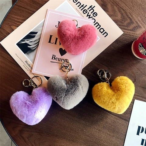 Heart Shaped Plush Keychain Faux Rabbit Fur Fluffy Soft Bag Charm For Women Car Key Pendant Leopard Print Fashion Accessory