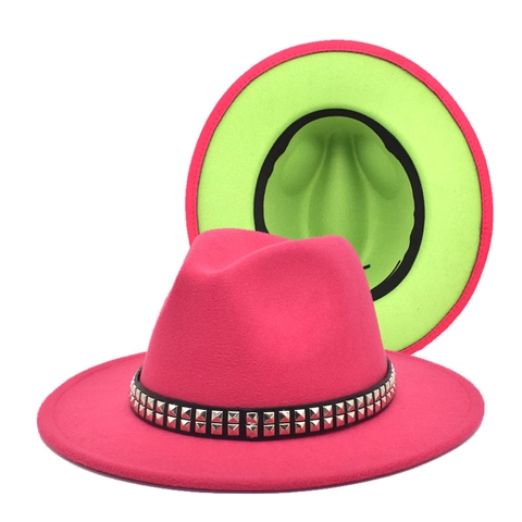 Fedora Hat Woolen Felt Two Tone Contrasting Color Double Row Square Rivets Wide Brim Punk Fashion Classic Unisex Adult