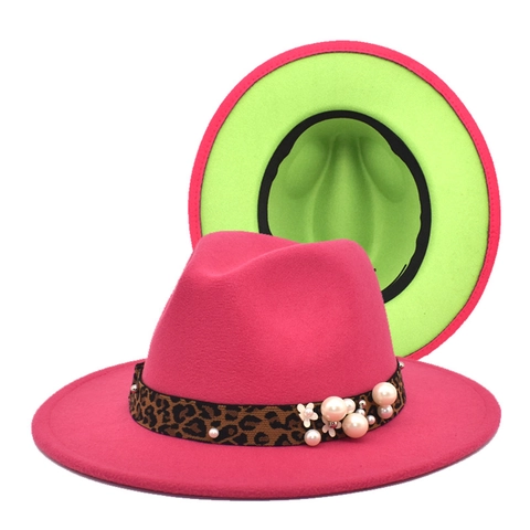 Cappello Fedora Feltro Lana Tesa Larga Bicolore Fascia Leopardata Perla Artificial Fiore Decorazione Stile Vintage Britannico Unisex