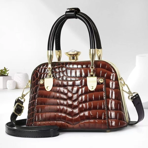 Sac À Main En Cuir PU Gaufré Crocodile Élégant Sac Bandoulière Avec Fermoir En Cristal Sac Docteur Rétro Femme