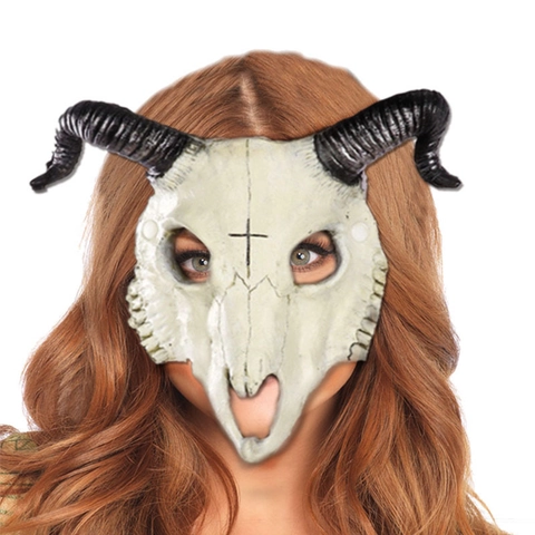 3D Realistic Sheep Bone Skull Mask PU Halloween Cosplay Costume With Black Horns Cross Forehead Horror Carnival Masquerade Party Decor For Adults