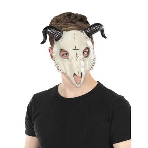 3D Realistic Sheep Bone Skull Mask PU Halloween Cosplay Costume With Black Horns Cross Forehead Horror Carnival Masquerade Party Decor For Adults