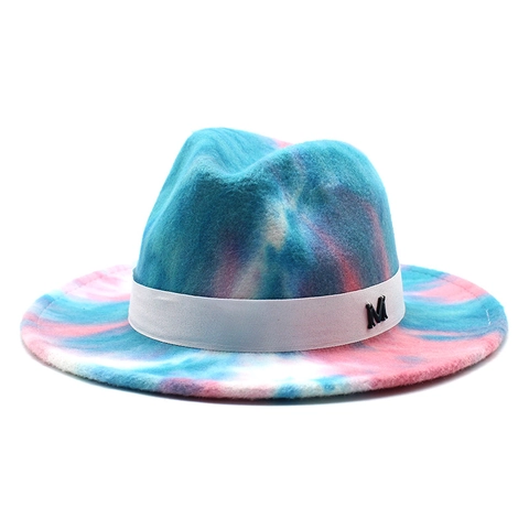 Tie Dye Fedora Hat Colorful Wide Brim Jazz Hat With Ribbon Band And Metal M Buckle Decoration For Men Women