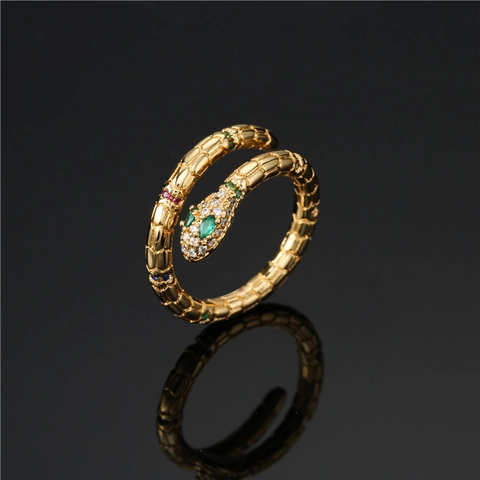 Kreativer Schlangenförmiger Offener Ring Kupfer Mikro Inkrustiert Bunter Zirkon Vergoldet Verstellbarer Schmuck Damen