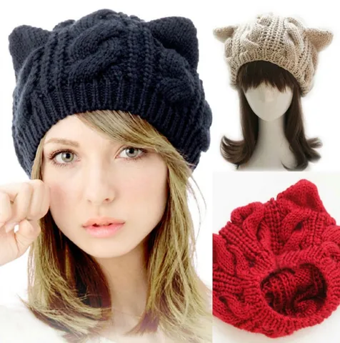 Berretto In Maglia Con Orecchie Di Gatto Da Donna Acrilico Trecce Caldo Autunno Inverno Stile Giapponese Kawaii Carino Colore Solido