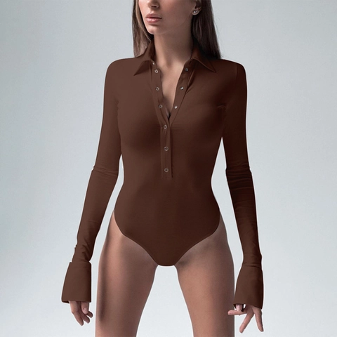 Bodysuit da Donna Slim Fit a Manica Lunga Collo a Revers Bottone Spazzolato Termico Tuta Sexy Tinta Unita Top alla Moda