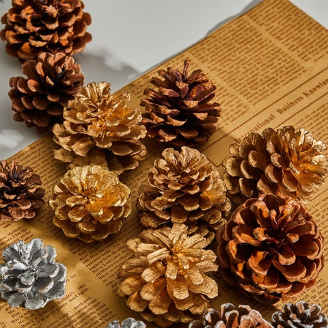 Piñas De Pino Naturales Adornos Árbol Navidad Oro Plata Punta Blanca Nevada Manualidades DIY Decoración Hogar Mesa Festiva