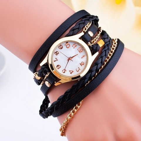 Montre Bracelet Enroulée Pour Femmes Style Bohème Multi Couches Similicuir Corde Tressée Chaîne Quartz Mode