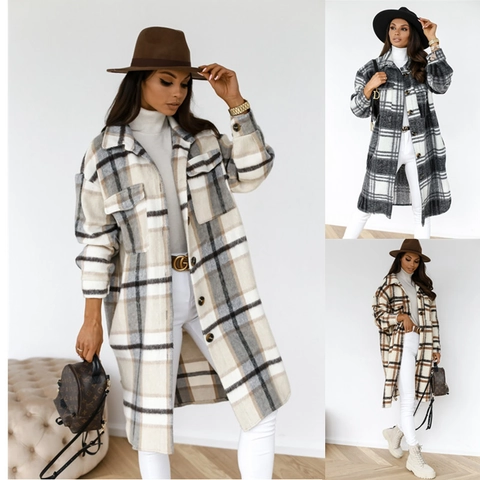 Women Long Plaid Shacket Woolen Fabric Lapel Button Down Casual Mid Length Coat Loose Outerwear Autumn Winter Fashion