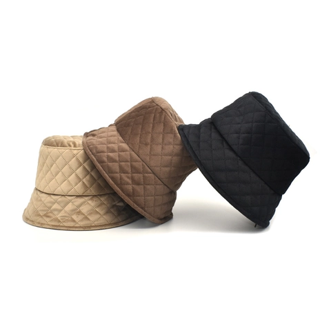 Quilted Bucket Hat Velvet Diamond Pattern Warm Autumn Winter Fashion Solid Color Outdoor Sun Protection Unisex