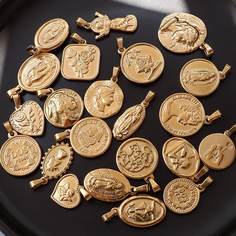 Vintage 18K Vergoldeter Edelstahl Anhänger Für Schmuckherstellung Religiöse Porträt Münze Engel Rose Geometrische Charms