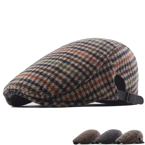 Vintage Houndstooth Flat Cap British Style Plaid Beret Hat For Men Women Adjustable Buckle Retro Autumn Winter Warm