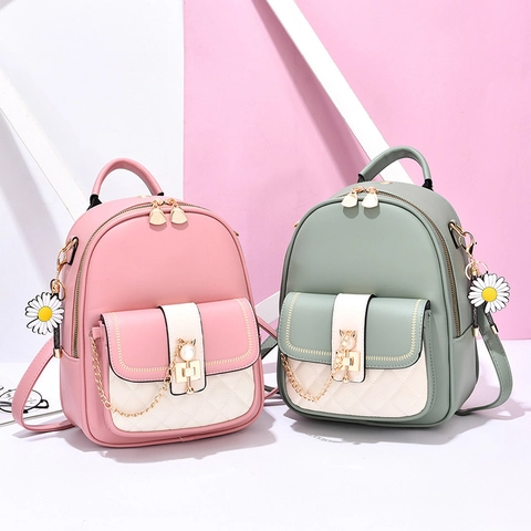 Women Mini Backpack Purse Fashion PU Leather Quilted Color Block School Bag With Cat Buckle Daisy Charm