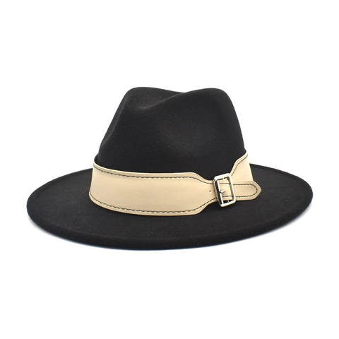 Wide Brim Fedora Hat Wool Felt British Jazz Hat For Women With Faux Leather Belt Metal Buckle Retro Solid Color