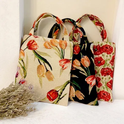 Vintage Blumen Jacquard Handtasche Damen Retro Tulpe Muster Canvas Kleine Tragetasche Mit Reißverschluss