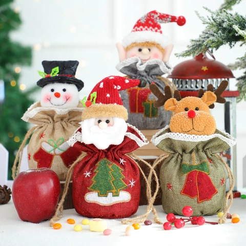 Weihnachten Kordelzug Geschenktüten Weihnachtsmann Schneemann Rentier Elf Bestickt Leinen Süßigkeiten Taschen Für Feiertag Party Deko
