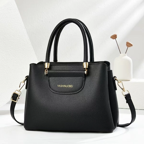 Women Lychee Texture PU Leather Handbag Large Capacity Sweet Macaron Color Tote Crossbody Bag With Gold Hardware