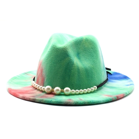 Tie Dye Fedora Hat Wool Felt Wide Brim Colorful Jazz Cap With Artificial Pearl Band Vintage Style For Women And Men