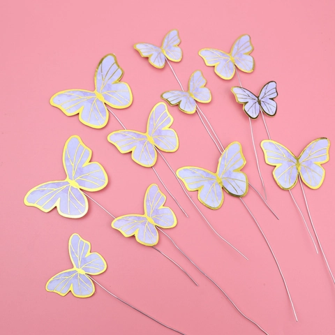 Butterfly Cake Toppers Paper Decorations With Gold Bronzing Edge And Wire For Birthday Party DIY Dessert Table Ornament