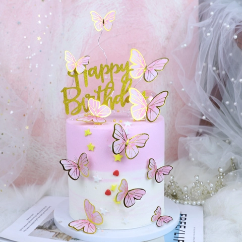 Butterfly Cake Toppers Paper Decorations With Gold Bronzing Edge And Wire For Birthday Party DIY Dessert Table Ornament